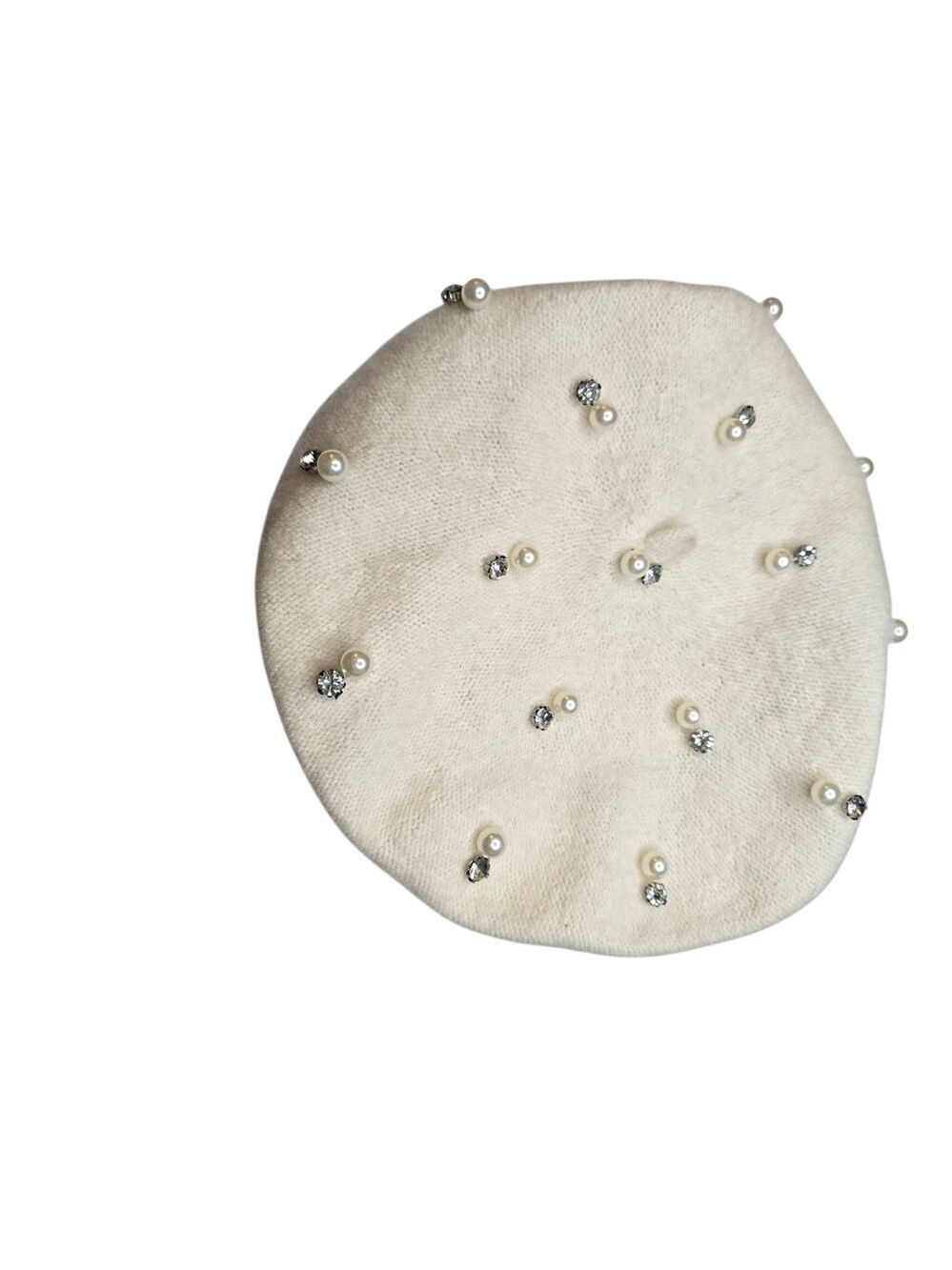 Wool Blend Ivory Embellished Beaded Rhinestones Beret Hat